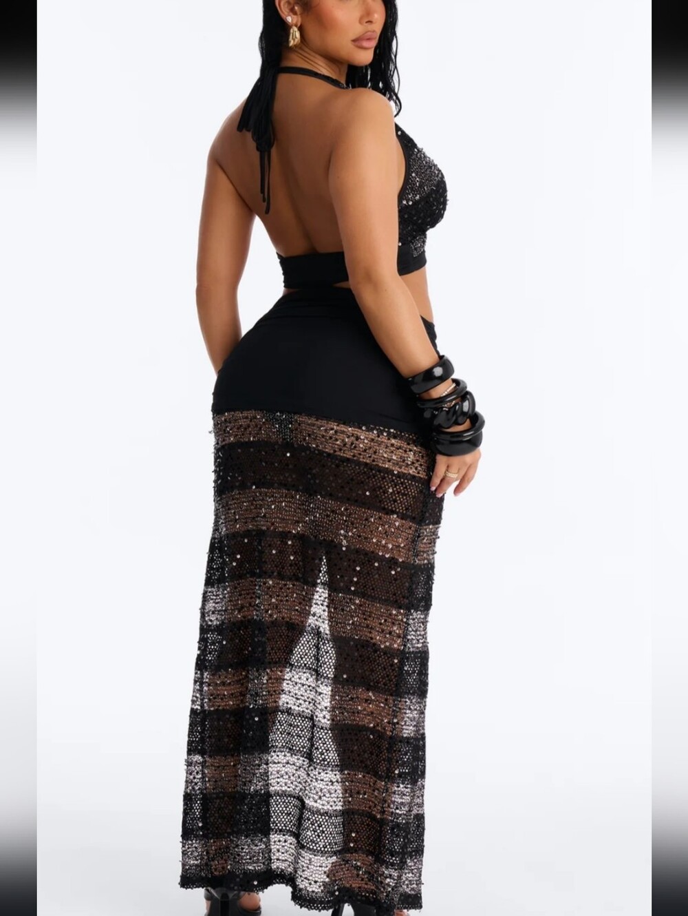 Sequin Halter Cutout Maxi Skirt Set - Picture 2 of 4
